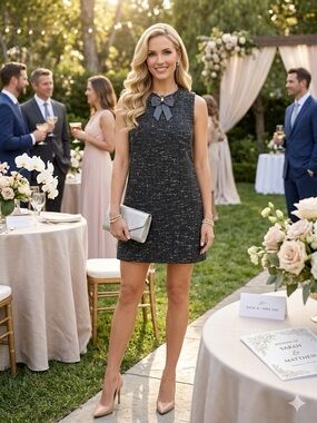 Zara Black Tweed Shift Dress with Bow Accent